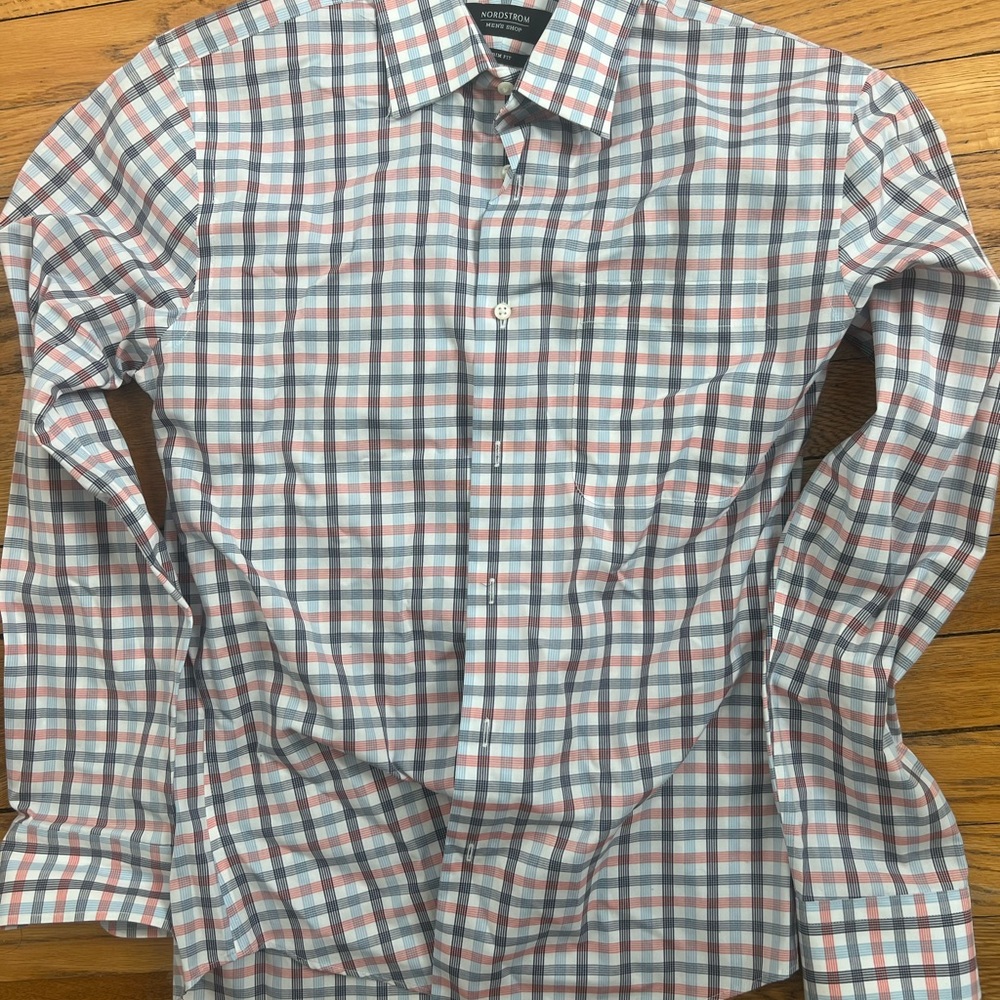 Nordstrom Men's Blue, Black and Red Plaid Shirt Trim Fit - Small